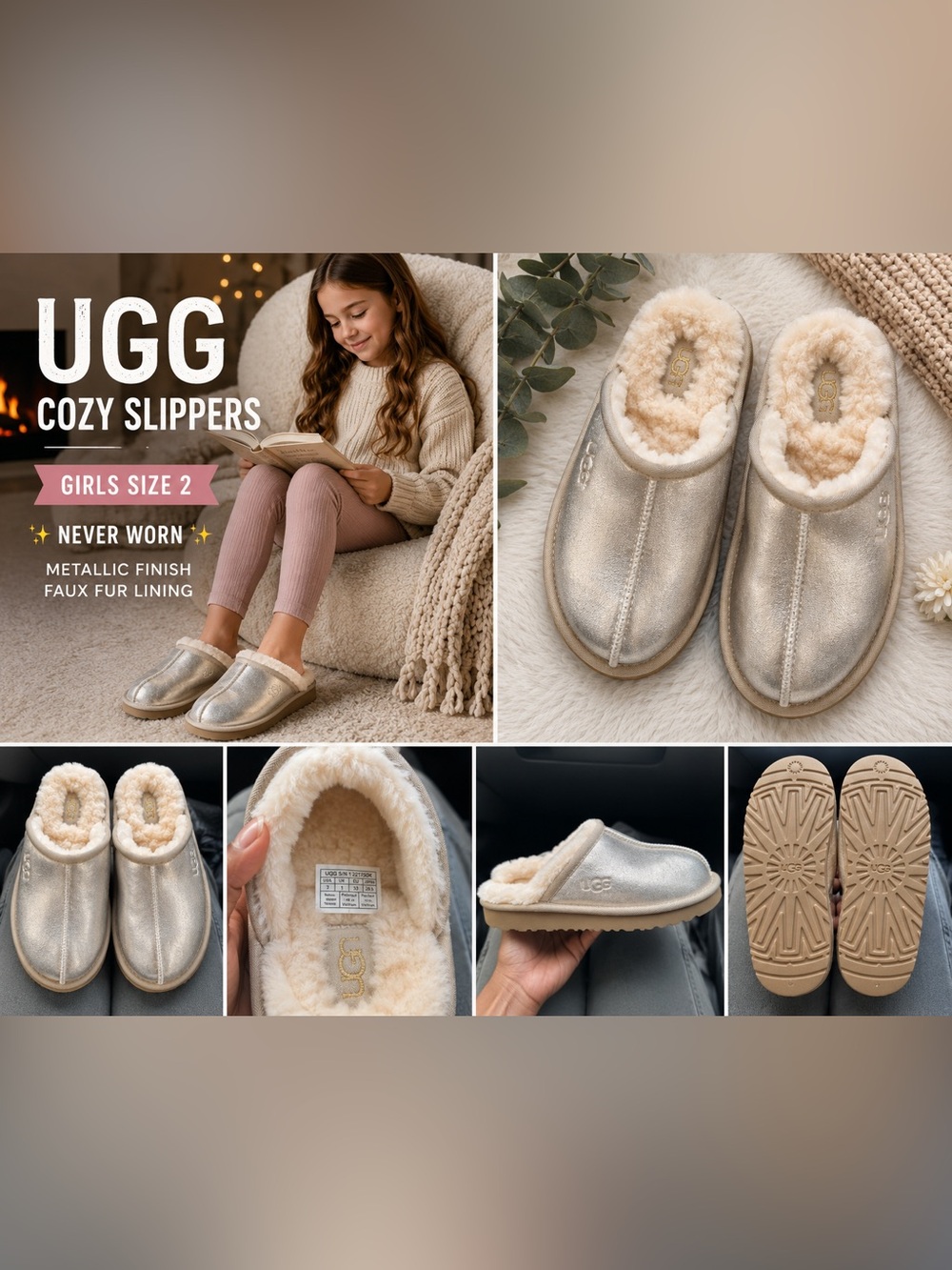 🤍 UGG Cozy Slip-On Slippers - Girls Size 2 - Never Worn